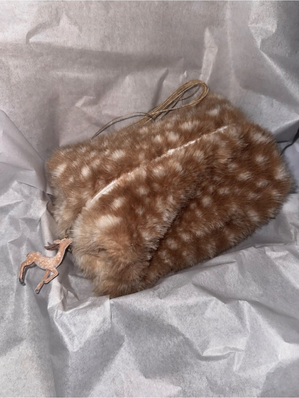 Softgirl Kawaii Fawn Print Faux Fur Pouch With Deer Charm